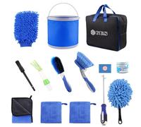 Kit de nettoyage de voiture avec sac de rangement, 13 produits de lavage de voiture à l'intérieur et à l'extérieur, seau pliable, brosse de roue à manche court, gants de lavage en microfibre (bleu)