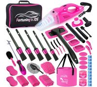 Kit de nettoyage d'intérieur de voiture 47 pièces avec aspirateur de voiture haute puissance, kit de lavage de voiture avec seau et brosse de détail, accessoires de voiture roses pour femme