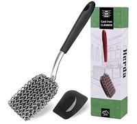Kit de nettoyage en fonte + grattoir à récurer pour poêle - Brosse à mailles en acier 316 à long manche pour nettoyer poêle, poêle, poêle, wok en métal, brosse à récurer en carbone pour four