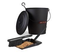 kit de nettoyage pour cheminée, 2 pièces, seau à cendres, balayette, acier, couvercle, poignée, 24 litres, noir