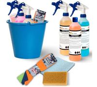 Kit de nettoyage pour voiture - 5 flacons de 750 ml avec pulvérisateur - Comprend shampooing, nettoyant pour jantes, lustrant pneus, tableau de bord, vitres, chiffons en microfibre, éponge et seau