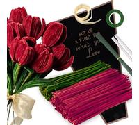 Kit de nettoyeurs de pipes fleurs avec 150 pcs nettoyeurs de pipes colorés en 2 couleurs (bordeaux, vert), 8 fils floraux verts, ruban crêpe, papier floral et ruban cadeau