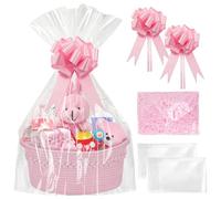 Kit de panier cadeau SelfTek, panier en corde rose avec sacs cellophane, paniers de rangement tissés en raphia avec nœuds, panier cadeau vide pour douche, mariage, anniversaire, 33 x 24 x 15 cm