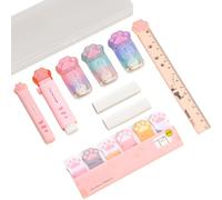 Kit de papeterie 10 pièces motif patte de chat, fournitures de bureau kawaii, surligneurs motif patte blanche, règle, coupe-boîte, et plus encore pour les étudiants et les créatifs