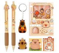Kit de Papeterie Capybara - 2 Stylos Noirs + Carnet à Effet de Capsule + 30 Autocollants + Porte-clés + Bloc-notes + Marque-page - Cadeau Kawaii pour Bureau/École(0.5mm)