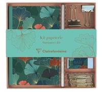 Clairefontaine 116247C - Un Kit de Papeterie contenant un Carnet 11x17 cm 64 Pages Lignées, un Crayon de Papier, 2 Pinces doubles-clip, 10 Trombones et une Gomme - Collection Gaïa bleu