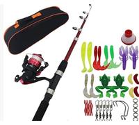 Kit de pêche pour enfants, 1,5 m, télescopique, accessoires de pêche avec ligne de pêche, accessoires, sac de transport, moulinet pour pêche en eau salée et d'eau douce (rouge)