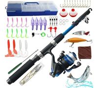 Kit de pêche pour enfants de 1,5 m avec moulinet et appât, canne à pêche télescopique en fibre de carbone et moulinet, accessoires de pêche pour enfants de 3 à 10 ans, kit complet de pêche (bleu)