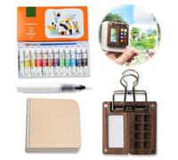 Kit de peinture à gouache portable - Mini palette d'aquarelle en bois - Mini palette aquarelle de voyage - Kit de peinture acrylique avec journal en papier aquarelle, stylos pinceaux aquarelle et un