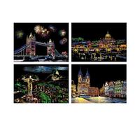 Kit de peinture à gratter à gratter - 4 feuilles - Motif de construction urbaine - Format A4 - Avec stylo - Matériau en papier - 21 x 29 cm - 120 g