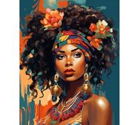 Kit de peinture à l'huile par numéro pour fille afro-américaine avec foulard traditionnel 40,6 x 50,8 cm - Peinture graffiti afro pour enfants et adultes débutants avec pinceaux et pigments acryliques