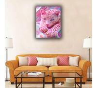 Kit de peinture de diamant 5D, œuvre d'art murale de léopard rose - Mosaïque de diamant sans cadre, grande et colorée, d'un grand chat. Convient pour les salons, œuvres d'art animalières modernes 30*4