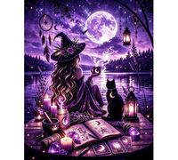 Kit de peinture de diamant rond 5D DIY, scène de bougie de cristal de tarot avec chat noir de sorcière, lac de pleine lune et nuages violets, décoration murale pour la maison, cadeau, peinture décorat
