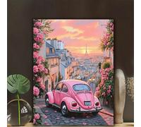 Kit de peinture de diamants 5D DIY représentant un paysage urbain français avec une voiture rose. Mosaïque portrait art pleine percage diamants broderie artisanat, décoration de salon, sans cadre 30*4