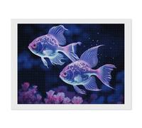 Kit de peinture diamant 5D à faire soi-même pour adultes et débutants - 2 poissons bleus ronds - Peintures à strass - Décoration murale pour la maison et le bureau - 30,5 x 40,6 cm