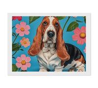 Kit de peinture diamant 5D à faire soi-même pour adultes et débutants - Motif floral rond - Motif : basset - Pois de diamants - Décoration murale pour la maison et le bureau - 30,5 x 40,6 cm