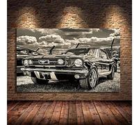 Kit de Peinture Diamant 5D DIY, Voiture Mustang Rétro Noir Blanc 90x130cm Bricolage Diamant Peinture Complet Perceuse Point De Croix Kit Diamant Peinture Kits Strass Broderie Diamant,Décoration Mural
