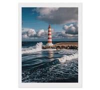 Kit de peinture diamant 5D en forme de phare avec vagues et nuages blancs pour adultes - 30,5 x 40,6 cm - Kit d'art diamant 5D pour débutants - Décoration murale