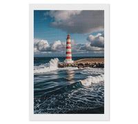 Kit de peinture diamant 5D pour adultes - Motif phare, vagues et nuages blancs - 20,3 x 30,5 cm - Pour débutants - Décoration murale - Cadeau