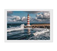 Kit de peinture diamant 5D pour adultes, phare, paysage, vagues, nuages blancs, kit d'art diamant 5D pour débutants, peinture à faire soi-même avec diamants ronds à perçage complet, décoration murale