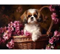 Kit de peinture diamant à faire soi-même, motif panier de fleurs Shih Tzu, broderie diamant rond, point de croix, mosaïque, strass, travaux manuels, décoration murale pour la maison, 30 x 40 cm
