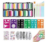 Kit de peinture faciale, 12 palette de gâteau divisée kit de maquillage de peinture pour le visage avec pochoirs Broussants autocollants, arc-en-ciel non toxique peinture pour le corps pour les