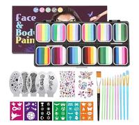 Kit de peinture faciale 12 palettes à gâteaux divisées kit de maquillage en face avec pochoirs Broussants Stickers arc-en-ciel non toxique peinture corps pour enfants pour enfants Halloween Car