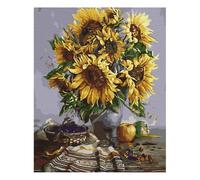 Kit de peinture par numéros pour adultes, enfants, débutants, pinceaux et peintures pour filles et garçons, 30 x 40 cm, loup [avec cadre] (fleurs, tournesols dans un vase)