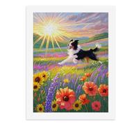 Kit de peinture par numéros - Un joyeux border collie traversant un champ de fleurs vibrant - Kit de peinture numérique pour adultes - Créez votre propre scène magique - Fournitures d'art sans cadre