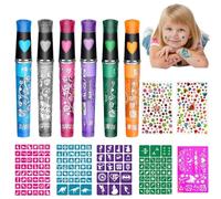 Kit de peinture pour le visage pailletée, 6 stylos marqueurs pailletés avec 5 pochoirs pour peinture sur visage et 2 autocollants gemmes, kit de stylos marqueurs pailletés pour peinture corporelle