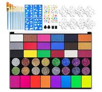 Kit de peinture pour le visage, palette de peinture de 42 couleurs avec 11 pinceaux, 8 pochoirs réutilisables, 4 pochoirs adhésifs, 4 autocollants gemmes, kit professionnel de peinture corporelle