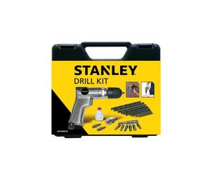 Kit de perceuse pneumatique réversible STANLEY 160189XSTN avec mandrin à serrage automatique, 10 forets HSS, 6 embouts, huile et raccords rapides Gris