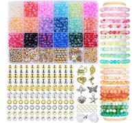 Kit de perles pour bracelets à fabriquer, perles de verre rondes de 6 mm en 24 couleurs avec trou, cristaux à enfiler pour création de bijoux DIY, bracelets, colliers et boucles d'oreilles (rondes)