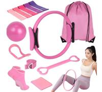 Kit de Pilates Essentiel pour Entraînement à Domicile - Équipement de Fitness Portable avec Cercle Pilates, Bandes de Résistance Longues, Balle Souple et Chaussettes Antidérapantes (Pink 13 Pcs Set)