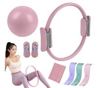 Kit de Pilates Essentiel pour Entraînement à Domicile - Équipement de Fitness Portable avec Cercle Pilates, Bandes de Résistance Longues, Balle Souple et Chaussettes Antidérapantes (Pink 5 Pcs Set)