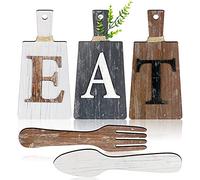 Kit de Plaque Eat de Planche à Découper Signe Eat de Cuisine d’Art Suspendue Décor Murale Fourchette et Cuillère Décor de Cuisine Rustique de Ferme Primitive (Blanc, Gris Noir, Marron)