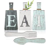 Kit de Plaque Eat de Planche à Découper Signe Eat de Cuisine d’Art Suspendue Décor Murale Fourchette et Cuillère Décor de Cuisine Rustique de Ferme Primitive (Gris, Blanc, Bleu)