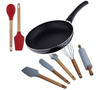 Kit de poêle Ø24 x 4,5 cm en aluminium pressé + 2 ustensiles de cuisine cuillère et spatule rouge + 5 ustensiles de cuisine en silicone PIXEL Chef Sauce
