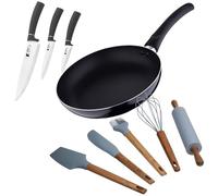 Kit de poêle Ø24 x 4,5 cm en aluminium pressé + 3 couteaux : Chef, multi-usages, éplucheur en acier inoxydable + 5 ustensiles de cuisine en silicone PIXEL Chef Sauce