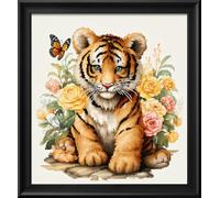 Kit de point de croix à faire soi - meme kit de démarrage de broderie pré - imprimée canevas kit complet adulte ou enfants pour les debutants - Petit tigre et papillon 36x40cm