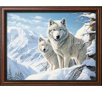 Kit de point de croix à faire soi - meme kit de démarrage de broderie pré - imprimée canevas kit complet adulte ou enfants pour les debutants - Deux loups et une montagne enneigée 43x32cm