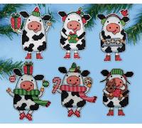 Kit de point de croix compté Design Works "Décoration de l'arbre de Noël Vaches de Noël Lot de 6 pièces", 8x9cm