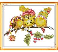Kit de point de croix imprimé Stitchmelody, ensemble de broderie DMC 11CT - Le hibou avec des amis 39×33 cm