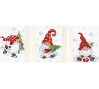Kit de point de croix Vervaco cartes de vœux "Nains de Noël dans la neige" Lot de 3, 10.5x15cm
