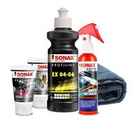 Kit de polish pour voiture | Sonax Profiline EX 04-06 Polish haute brillance + PerfectFinish Polish contre les rayures + PROFILINE UltimateCut + Quick Detailer + Chiffon Sonax Lackfinish