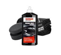 Kit de polissage automobile | Sonax Polish & Wax Color Noir 500ml Produit lustrant automobile + Éponge de polissage + Chiffon de polissage | Pâte de polissage pour peintures métallisées foncées pour