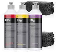 Kit de polissage KochChemie : Polish de ponçage grossier millilitre + Pâte de ponçage fin + Polish micro-polissage cire carnauba millilitre + 2 chiffons microfibre 550 g/m²