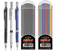Kit de Porte-mine 2 mm, 3 Pièces Mécanique Mechanical Pencil Bleu, Noir et Argent, 24 pcs Mines de Couleur et Noir, pour Proje[668]
