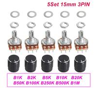 Kit de potentiomètre linéaire WH148 15MM, 5 jeux, 3 broches B1K B2K B5K B10K B20K B50K B100K B250K 500K 1M avec capuchon de bouton en alliage d'aluminium noir