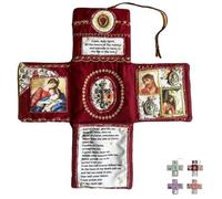 Kit de prière de voyage catholique fabriqué à la main avec croix, pochette en tissu pliable en forme de croix, images de saint et prières espagnoles, cadeau chrétien (rouge)